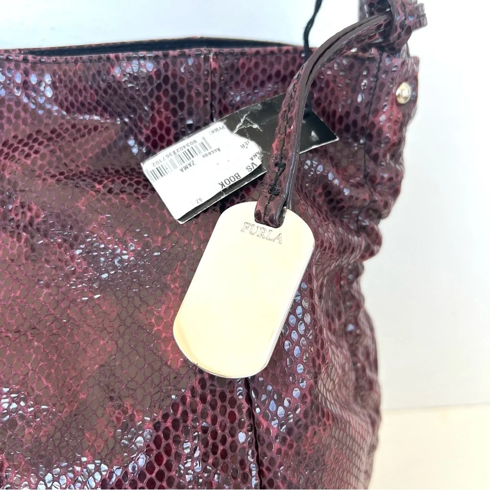 FURLA NEW Burgundy Snake Python Embossed Leather Single Handle Hobo Shoulder Bag - Picture 3 of 16